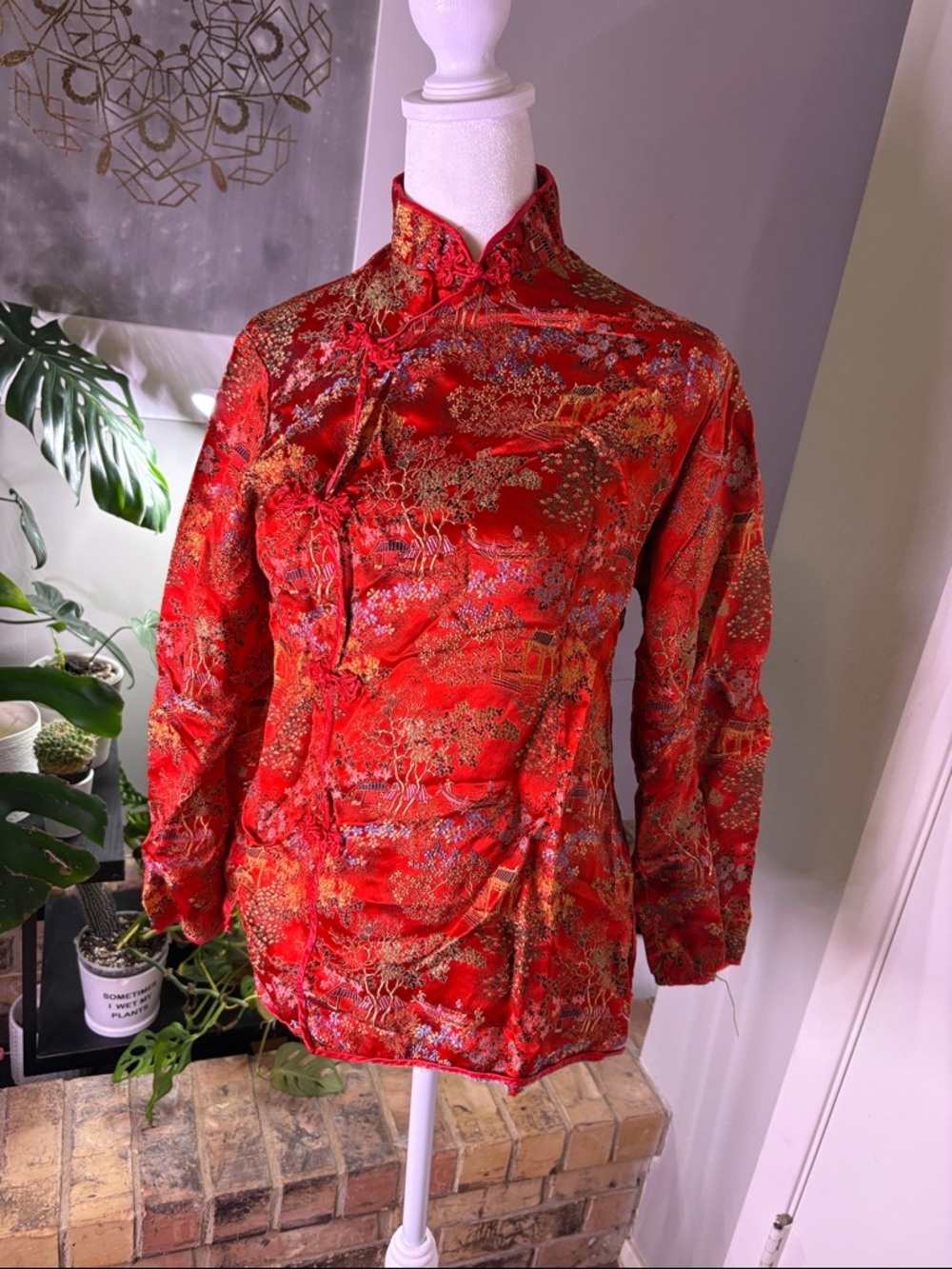 Red Brocade Mandarin Collar Jacket